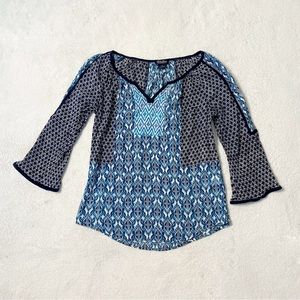 Lucky Brand blue geometric tunic 3/4 sleeve blouse shirt size small